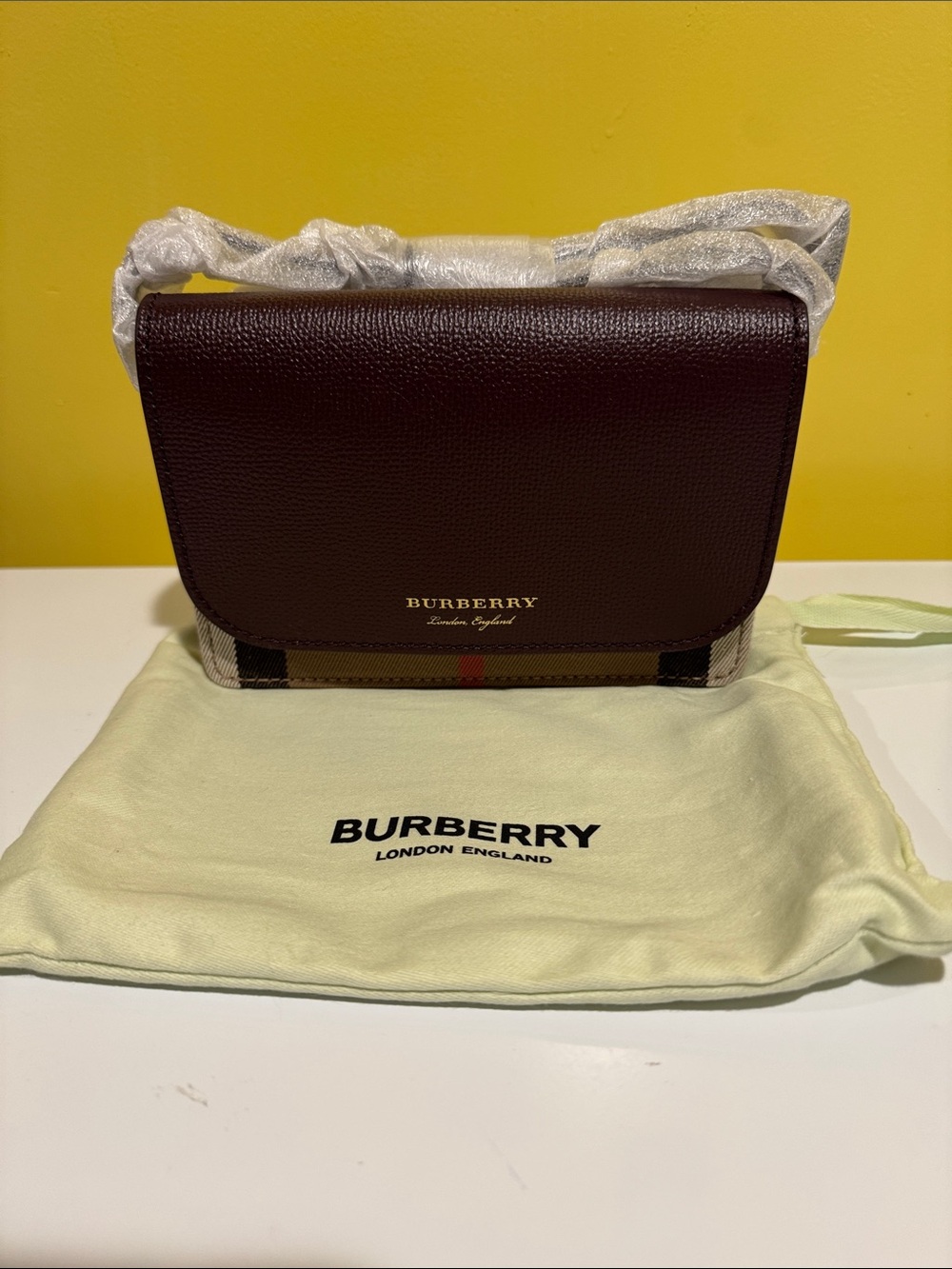 Burberry Burgundy Leather crossbody Bag with Classic Check Trim